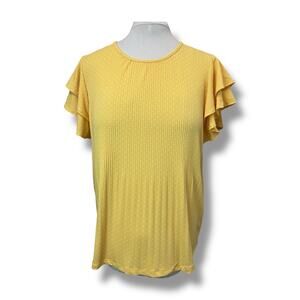 Adrianna Papell Ruffle Short Sleeve Polka Dot Pullover Blouse, Yellow, size L